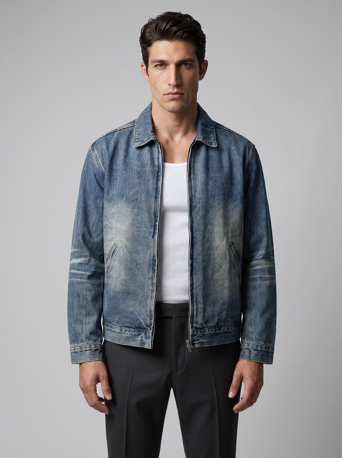 Vintage Wash Zip Up Denim Jacket - Blue