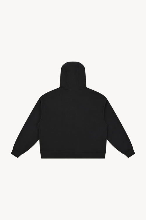 Boxy Button Placket Hoodie - Black