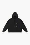 Boxy Button Placket Hoodie - Black