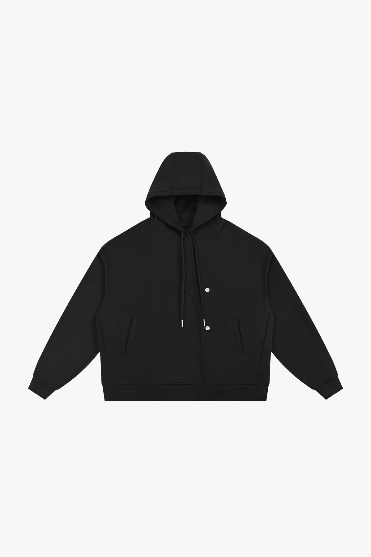 Boxy Button Placket Hoodie - Black