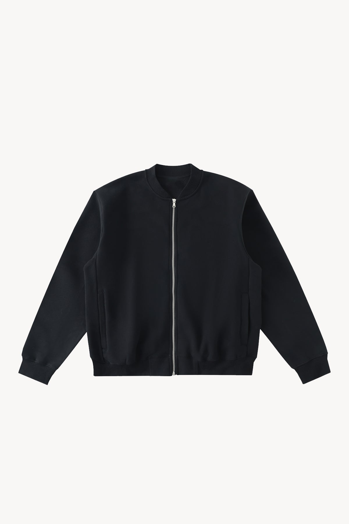 Essential Zip-Up Fleeced Varsity Jacket - Black