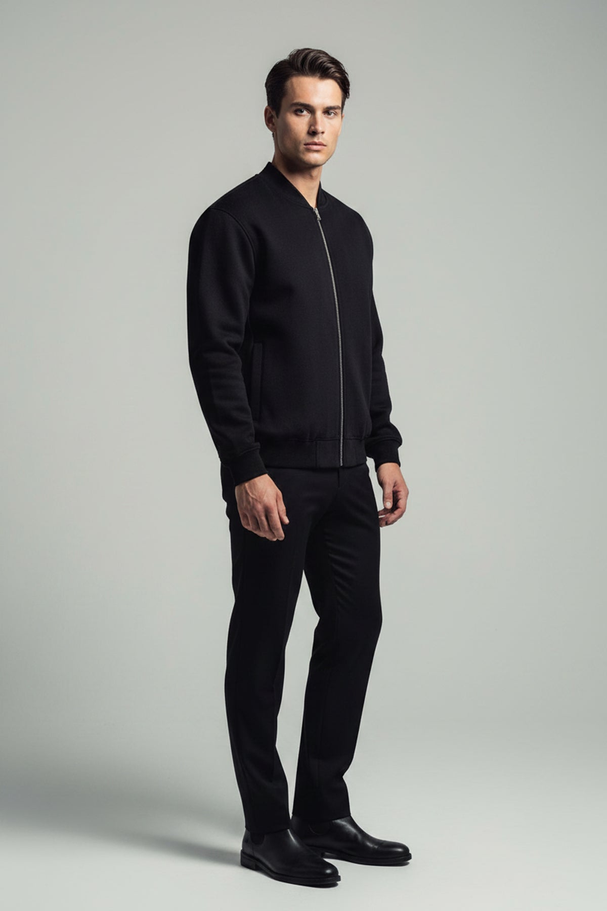 Essential Zip-Up Fleeced Varsity Jacket - Black