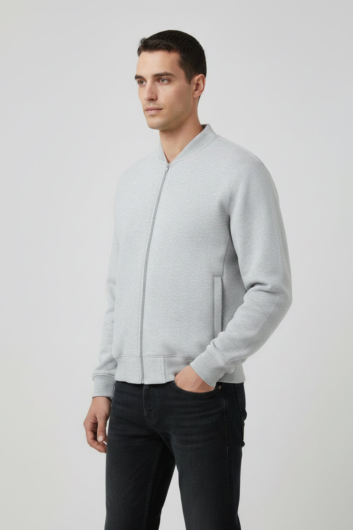 Essential Zip-Up Fleeced Varsity Jacket - Flower Gray