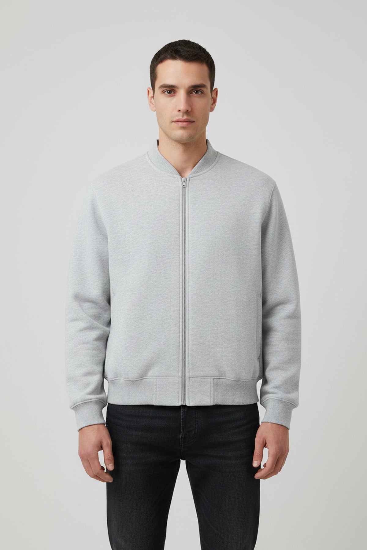 Essential Zip-Up Fleeced Varsity Jacket - Flower Gray