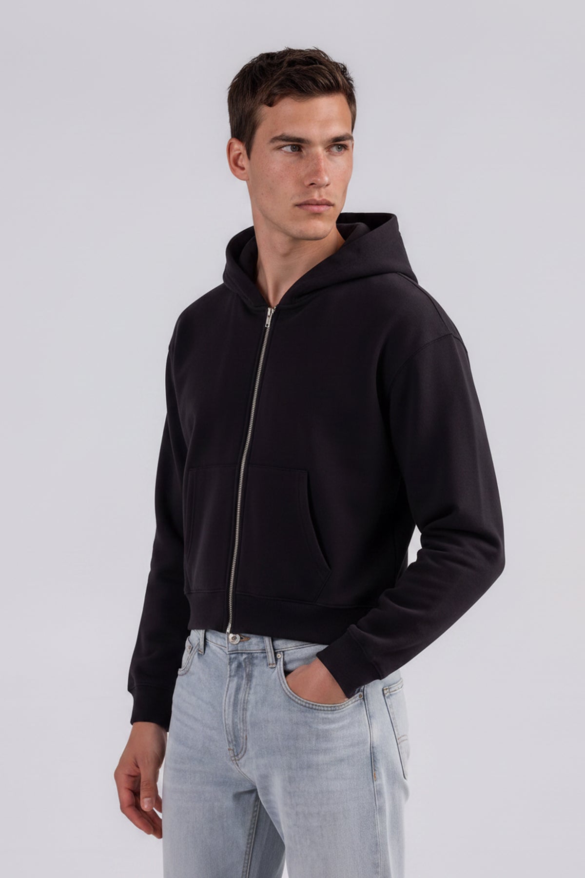 Fleece Zip-Up Boxy Hoodie - Black