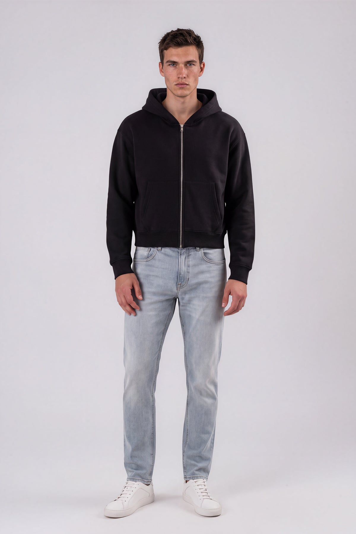 Fleece Zip-Up Boxy Hoodie - Black