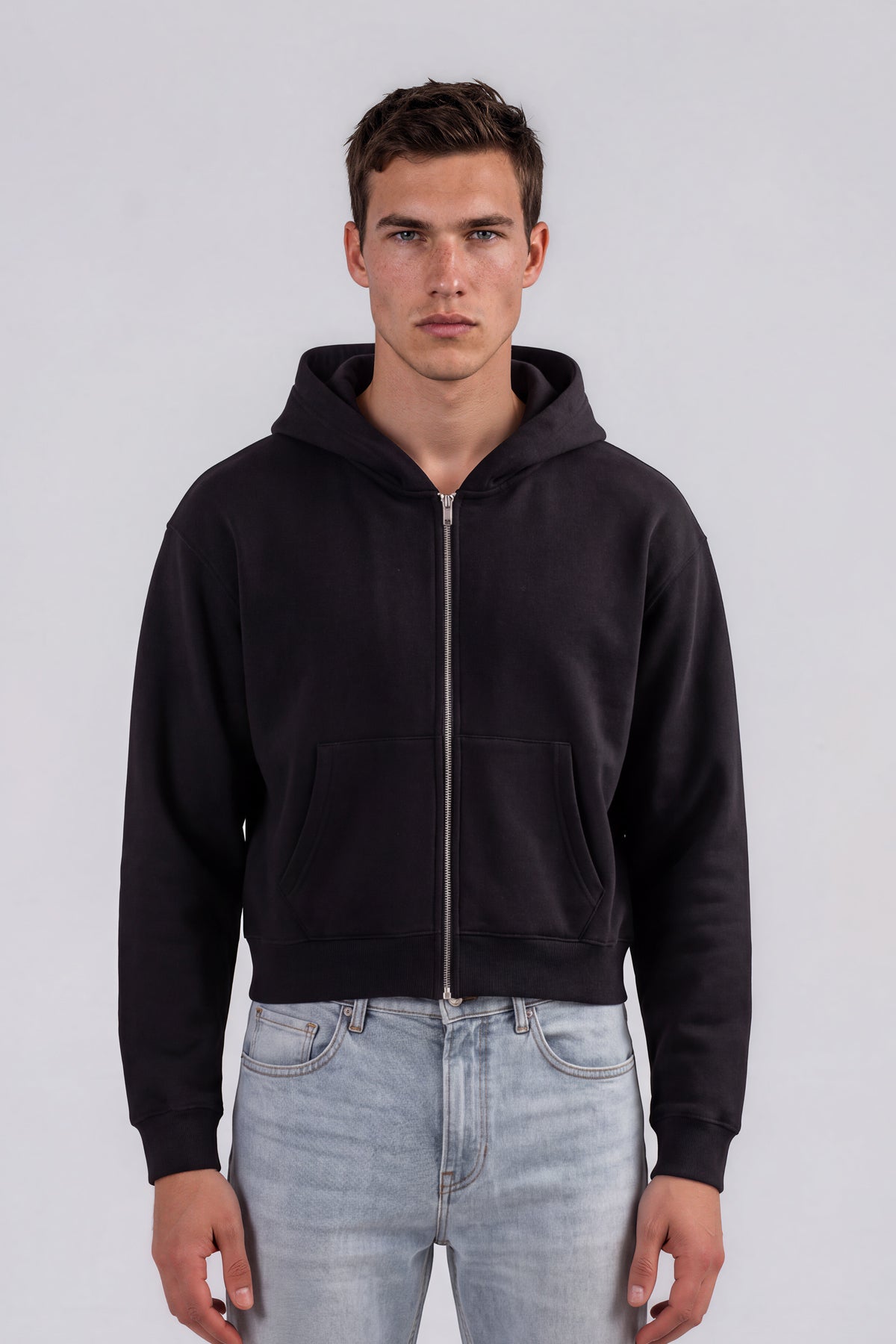 Fleece Zip-Up Boxy Hoodie - Black
