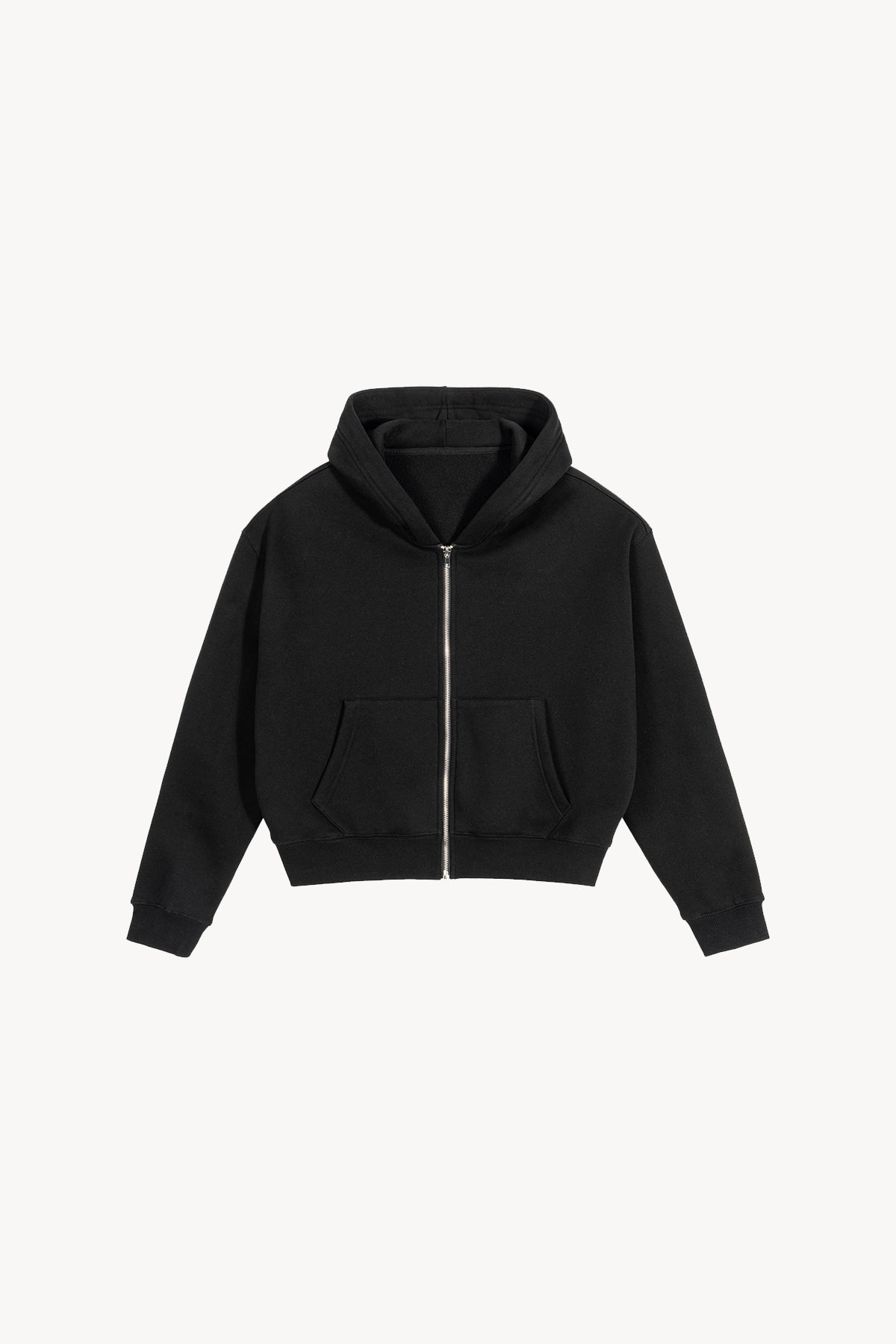Fleece Zip-Up Boxy Hoodie - Black