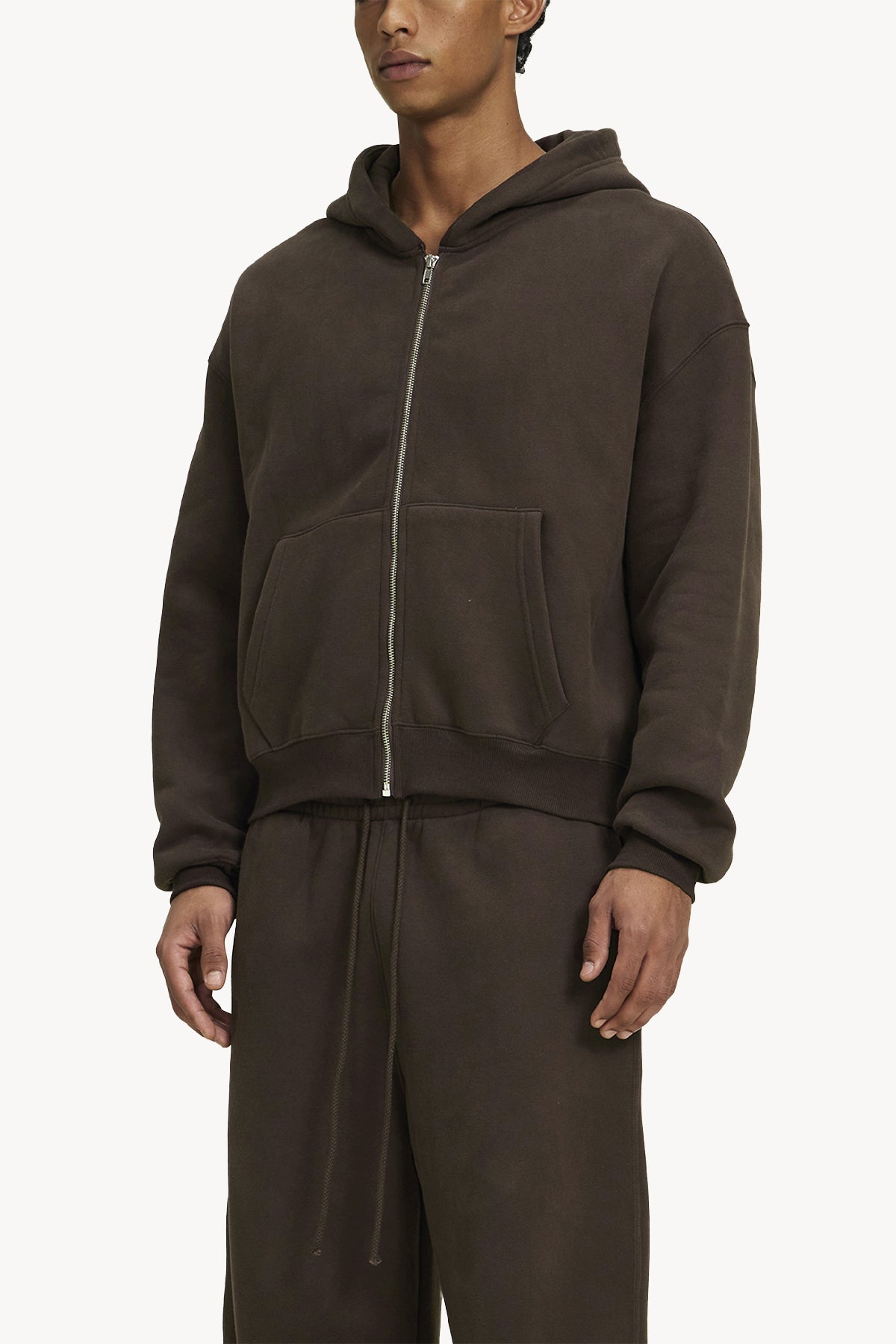 Fleece Zip-Up Boxy Hoodie - Brown