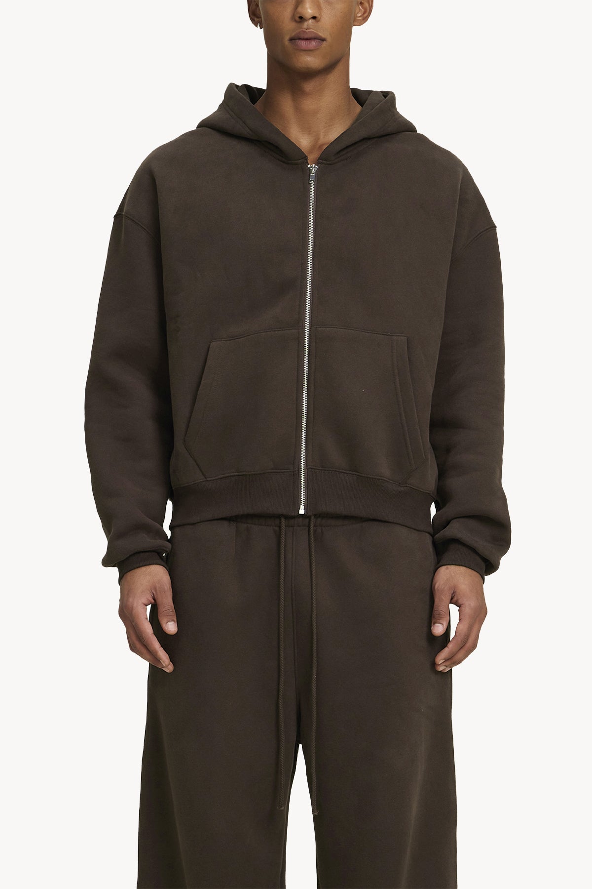 Fleece Zip-Up Boxy Hoodie - Brown