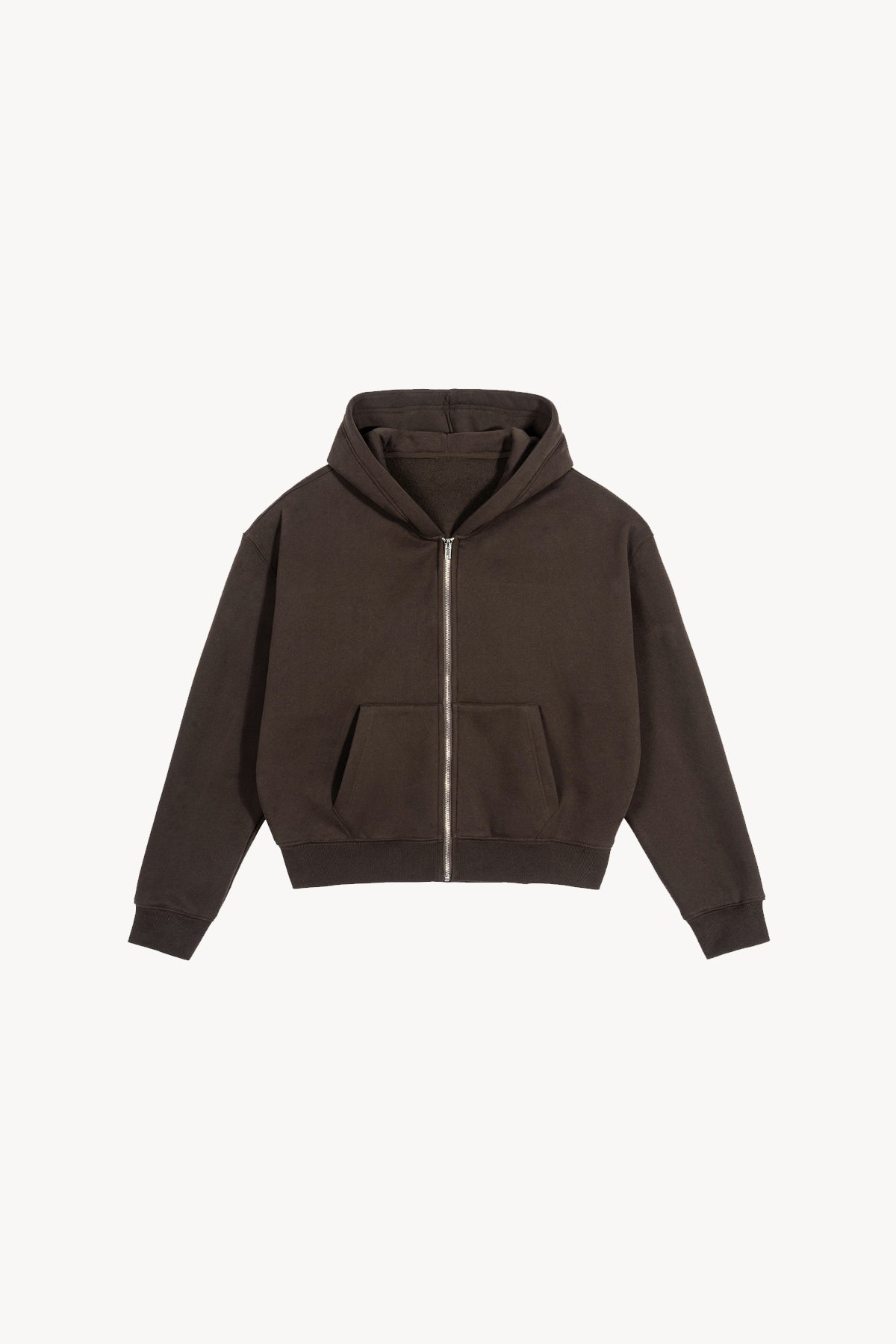 Fleece Zip-Up Boxy Hoodie - Brown