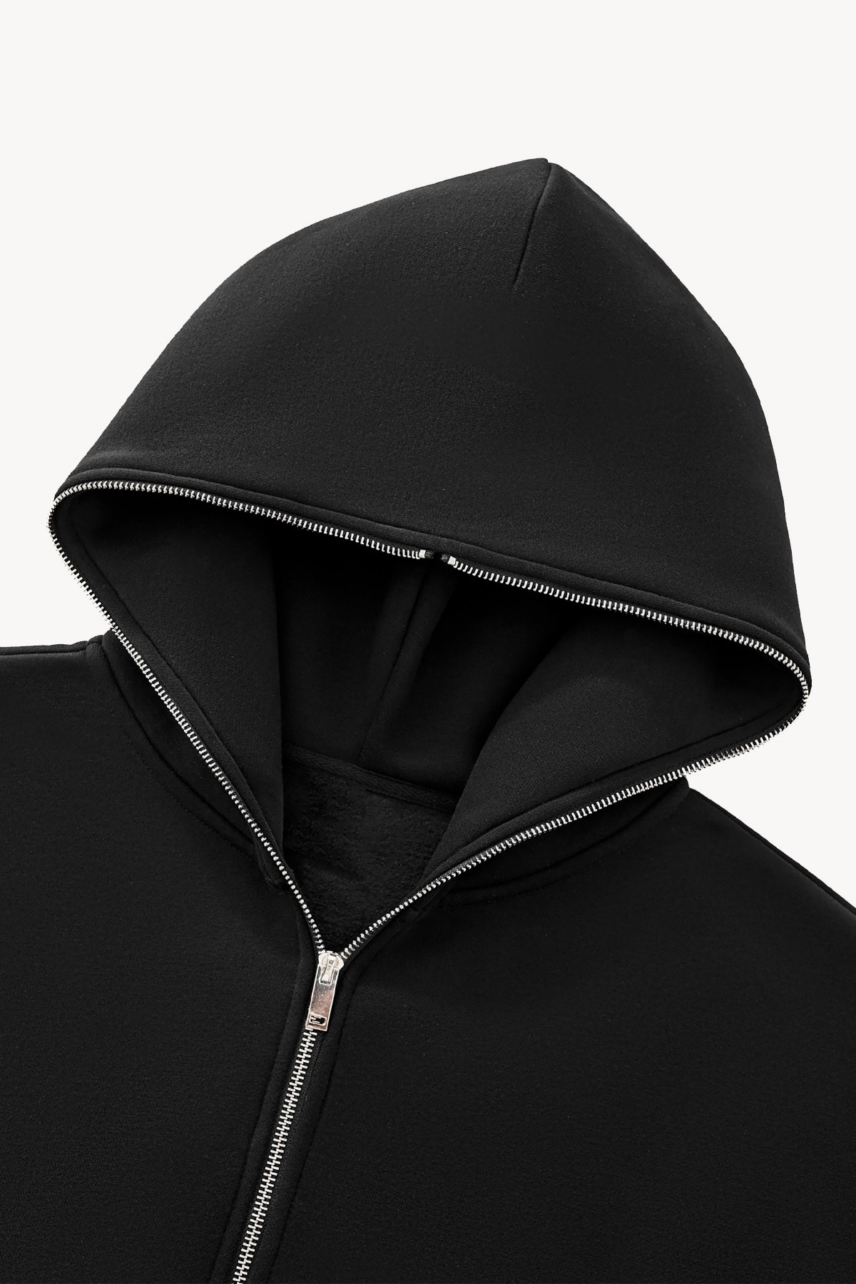 Fleeced Full-Zip Boxy Hoodie - Black