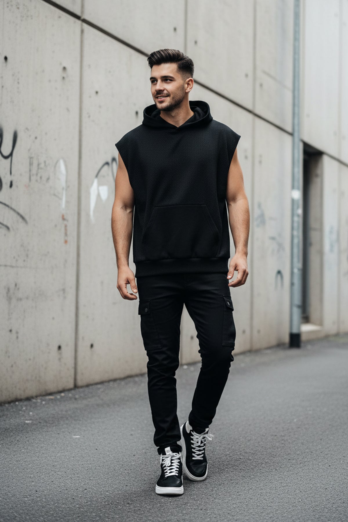 Panel Mesh Sleeveless Hoodie - Black