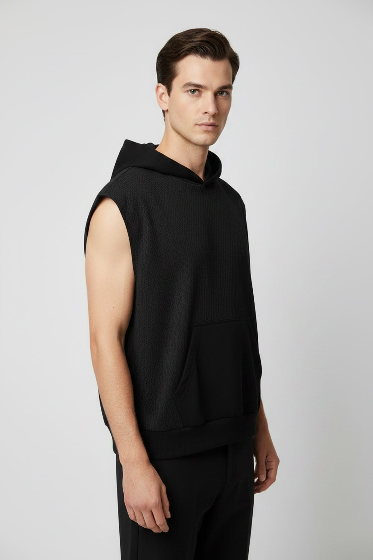 Panel Mesh Sleeveless Hoodie - Black