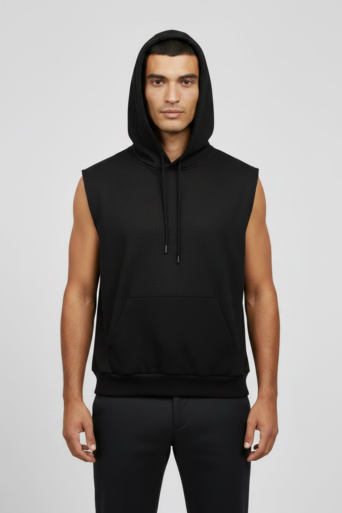 Panel Mesh Sleeveless Hoodie - Black