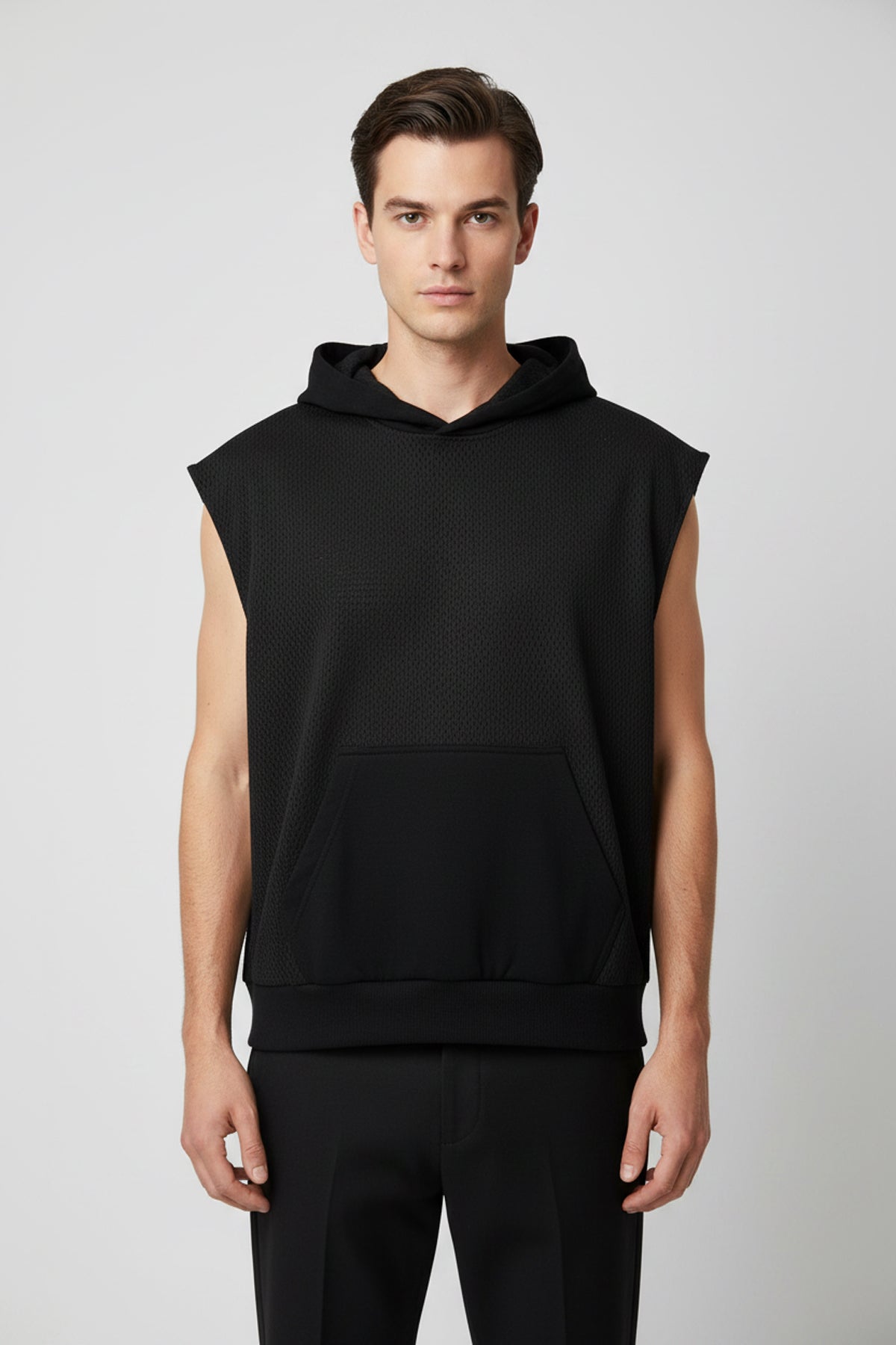 Panel Mesh Sleeveless Hoodie - Black