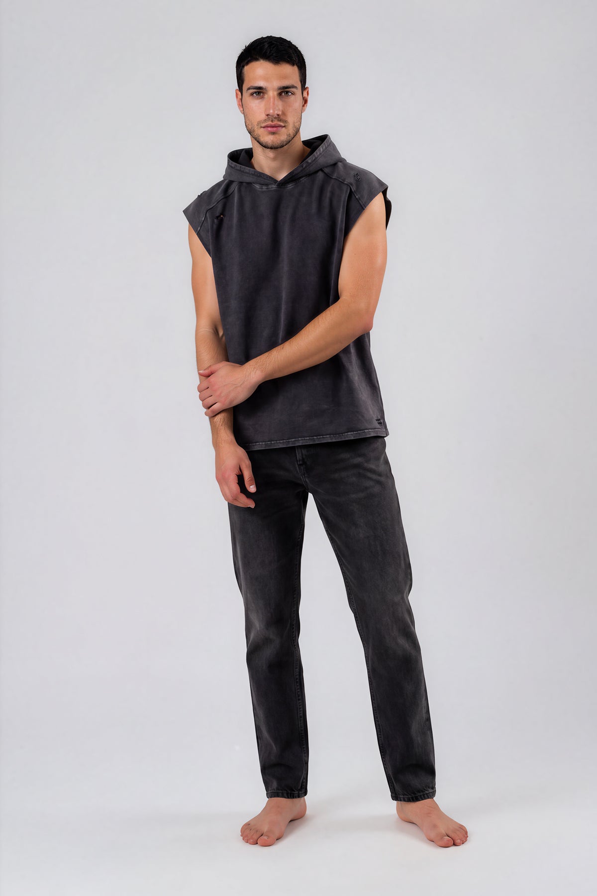 Snow Washed Boxy Hooded Tank Top - Black