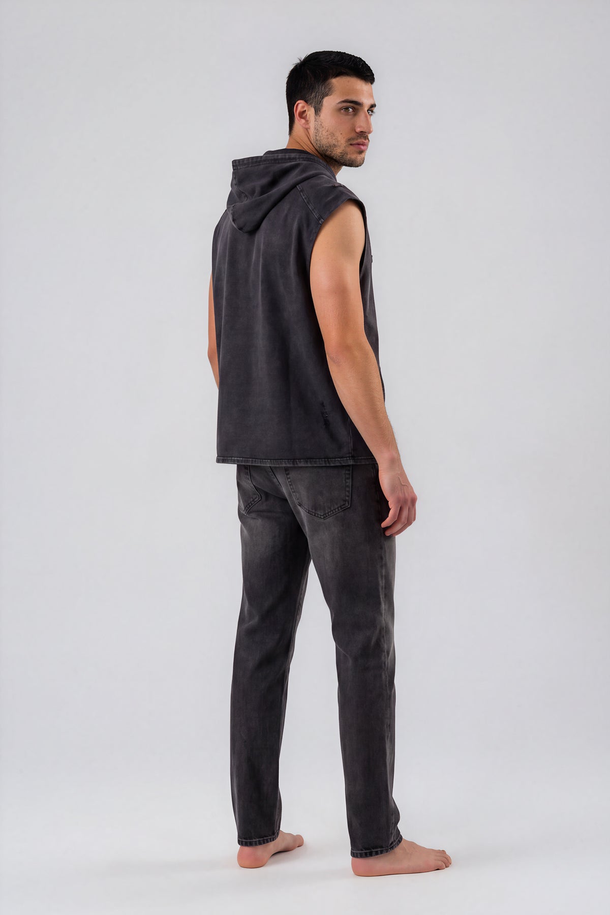 Snow Washed Boxy Hooded Tank Top - Black