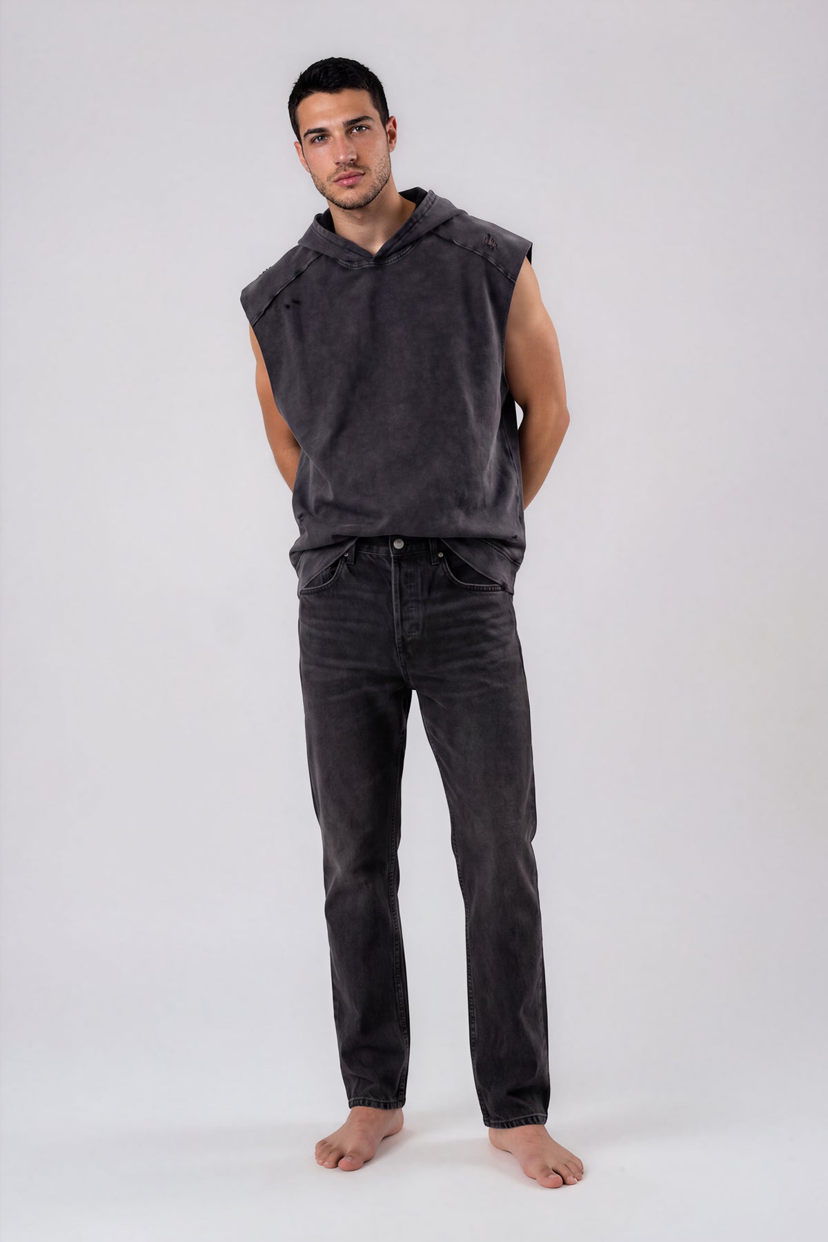 Snow Washed Boxy Hooded Tank Top - Black