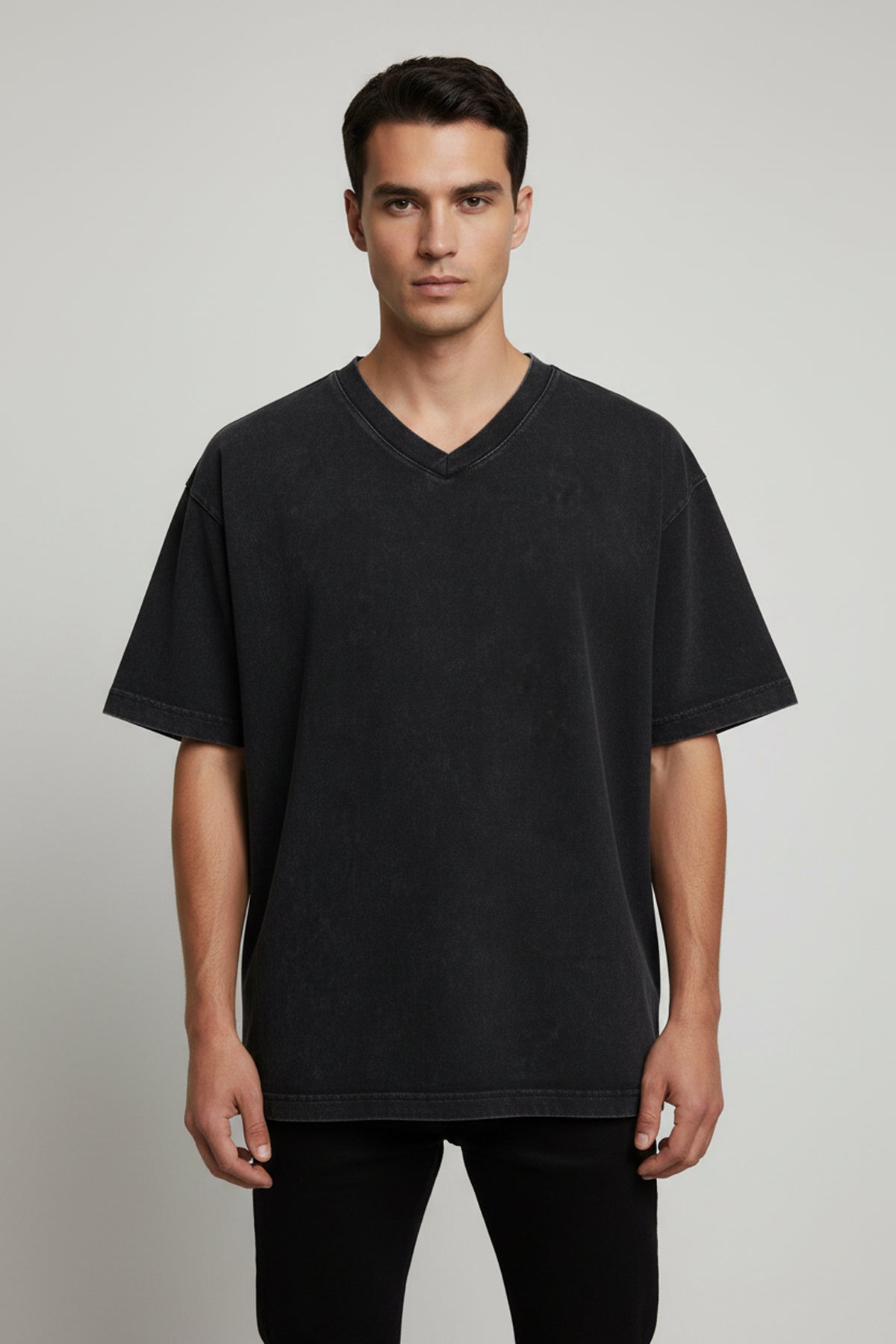 Snow Washed V-Neck Cotton T-Shirt - Black
