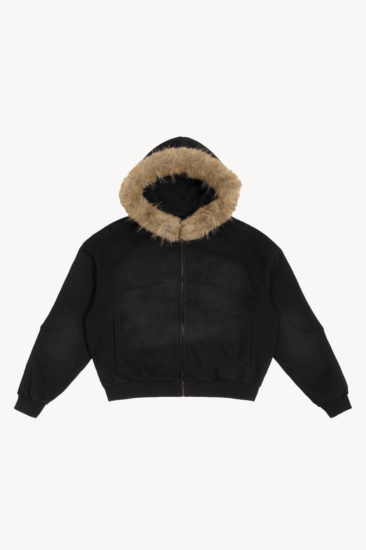 Sun Fade Boxy Detachable Fur Hoodie - Black