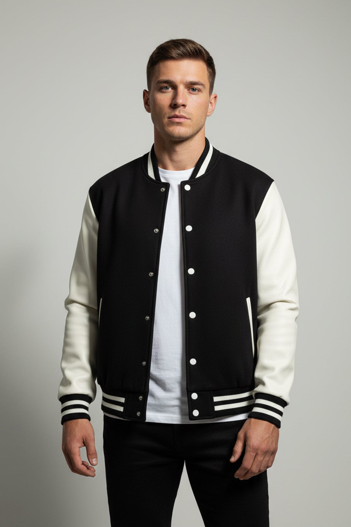 Two-Tone Fleeced Varsity Jacket - Black