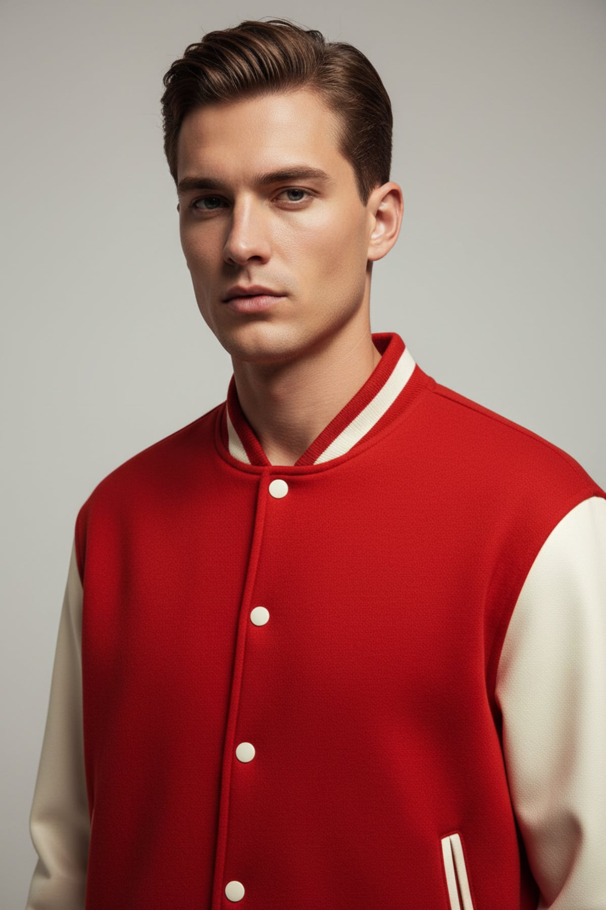 Two-Tone Fleeced Varsity Jacket - Red