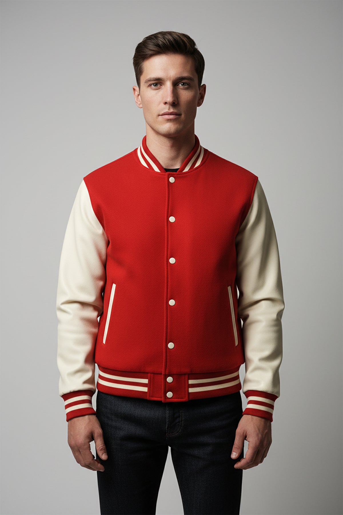 Two-Tone Fleeced Varsity Jacket - Red