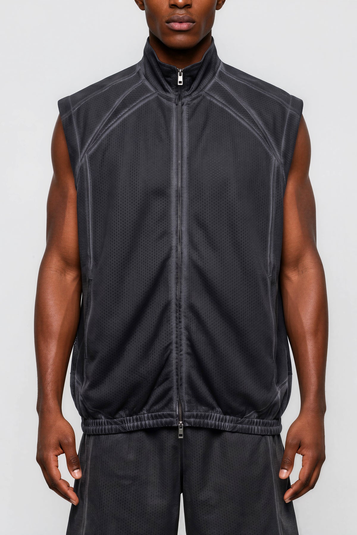 Vintage Wash Mesh Full-Zip Vest - Dark Gray