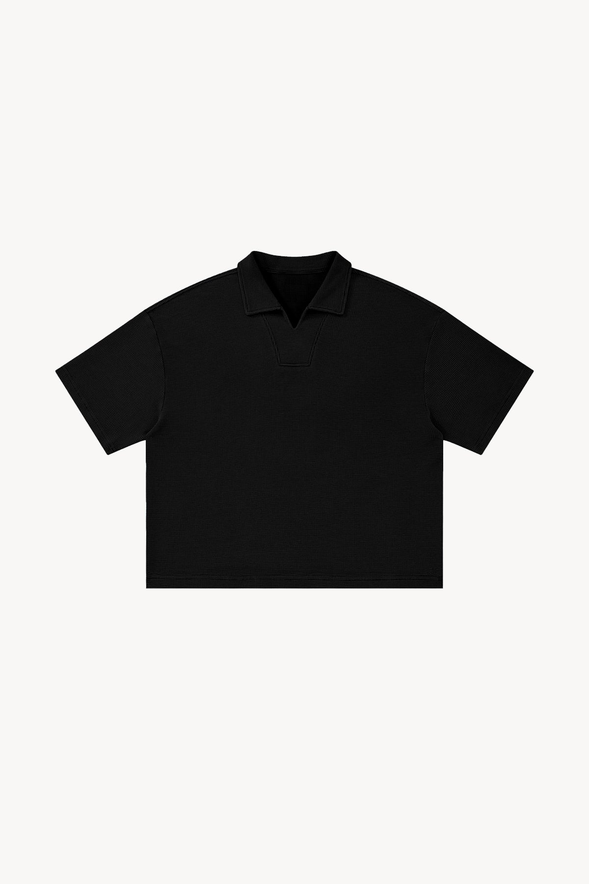 Vintage Wash Waffle Boxy Polo Shirt - Black