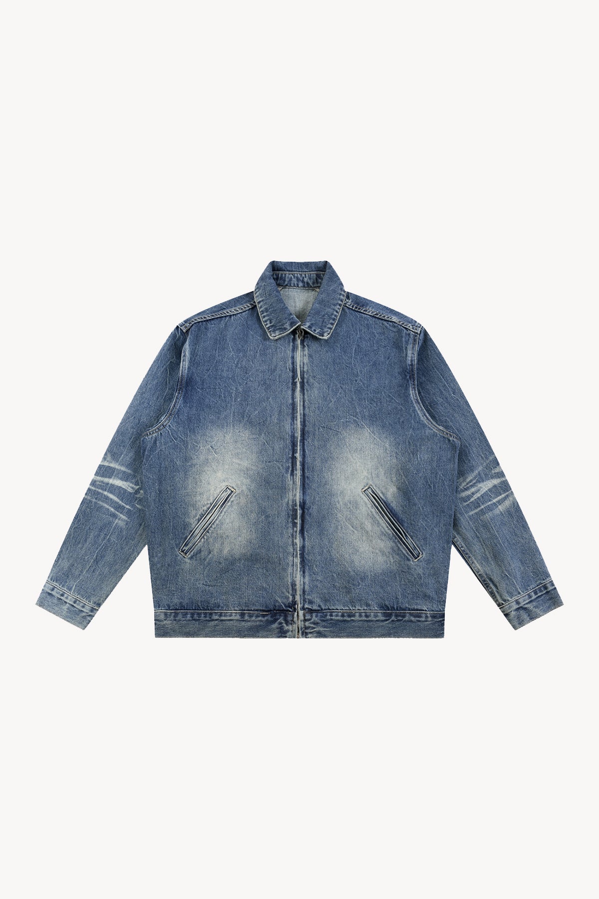 Vintage Wash Zip Up Denim Jacket - Blue