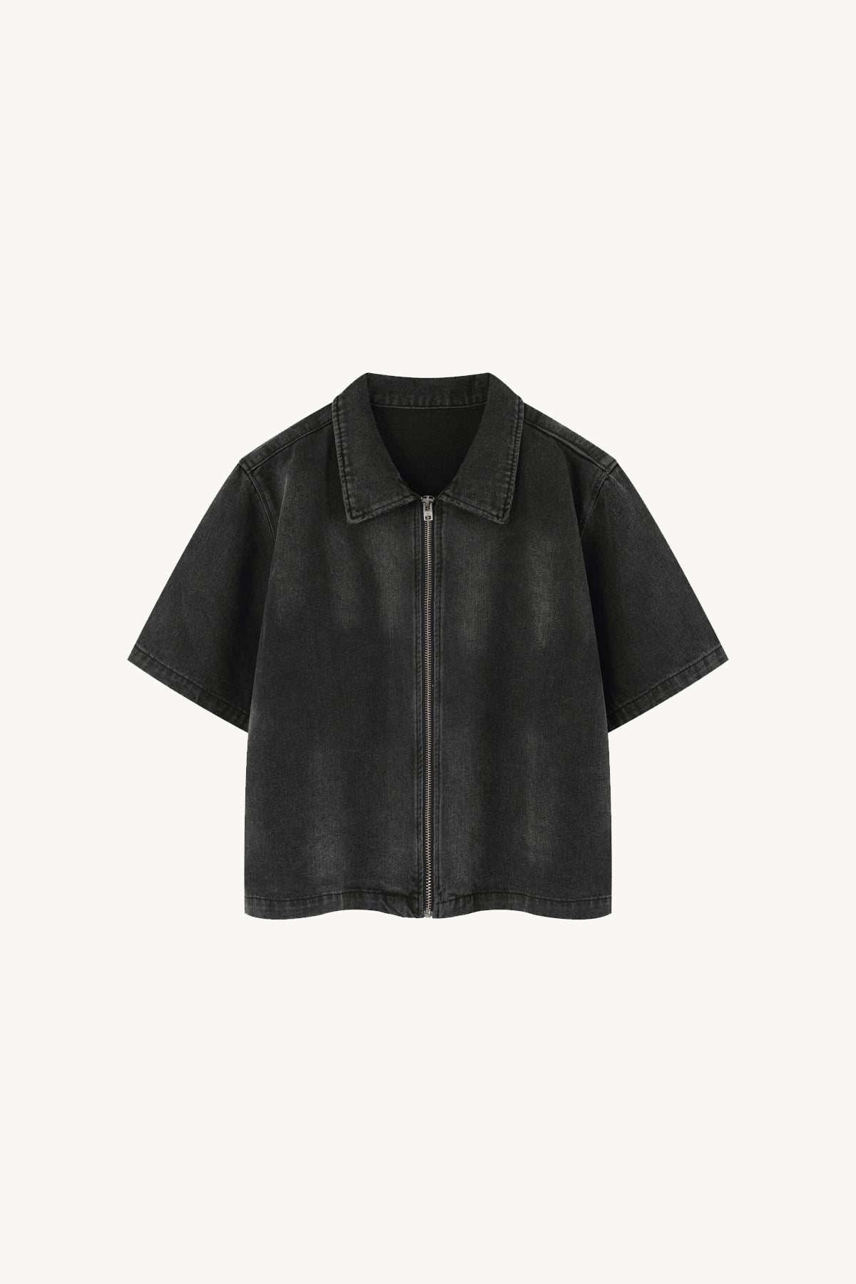 Vintage Washed Full-Zip Denim Shirt - Black