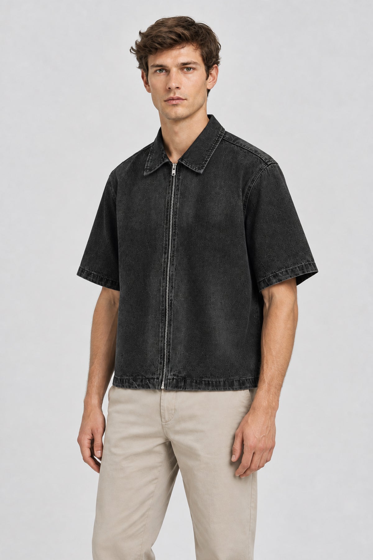 Vintage Washed Full-Zip Denim Shirt - Black