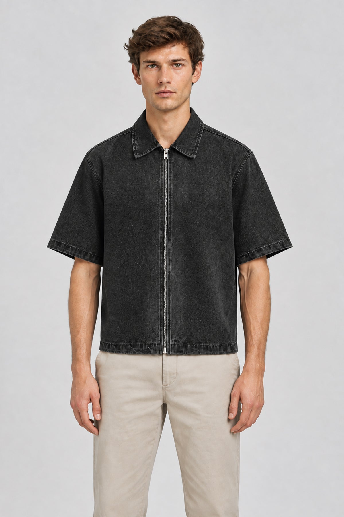 Vintage Washed Full-Zip Denim Shirt - Black