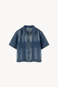 Vintage Washed Full-Zip Denim Shirt - Blue