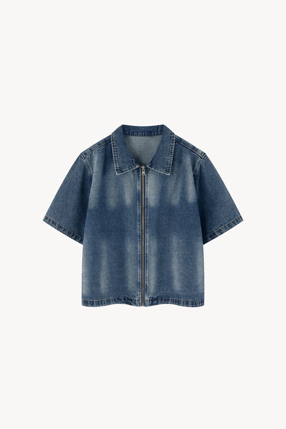 Vintage Washed Full-Zip Denim Shirt - Blue