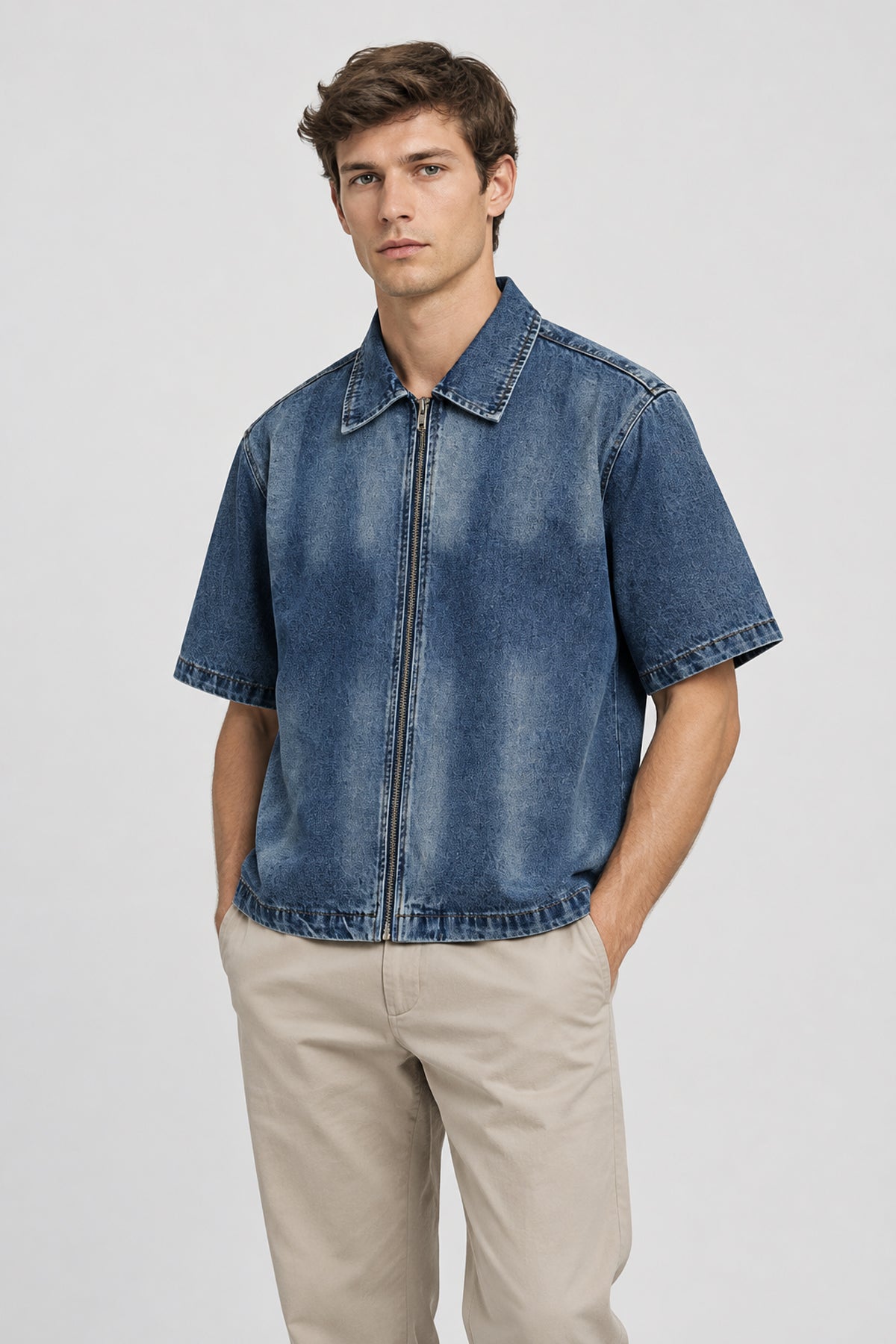 Vintage Washed Full-Zip Denim Shirt - Blue