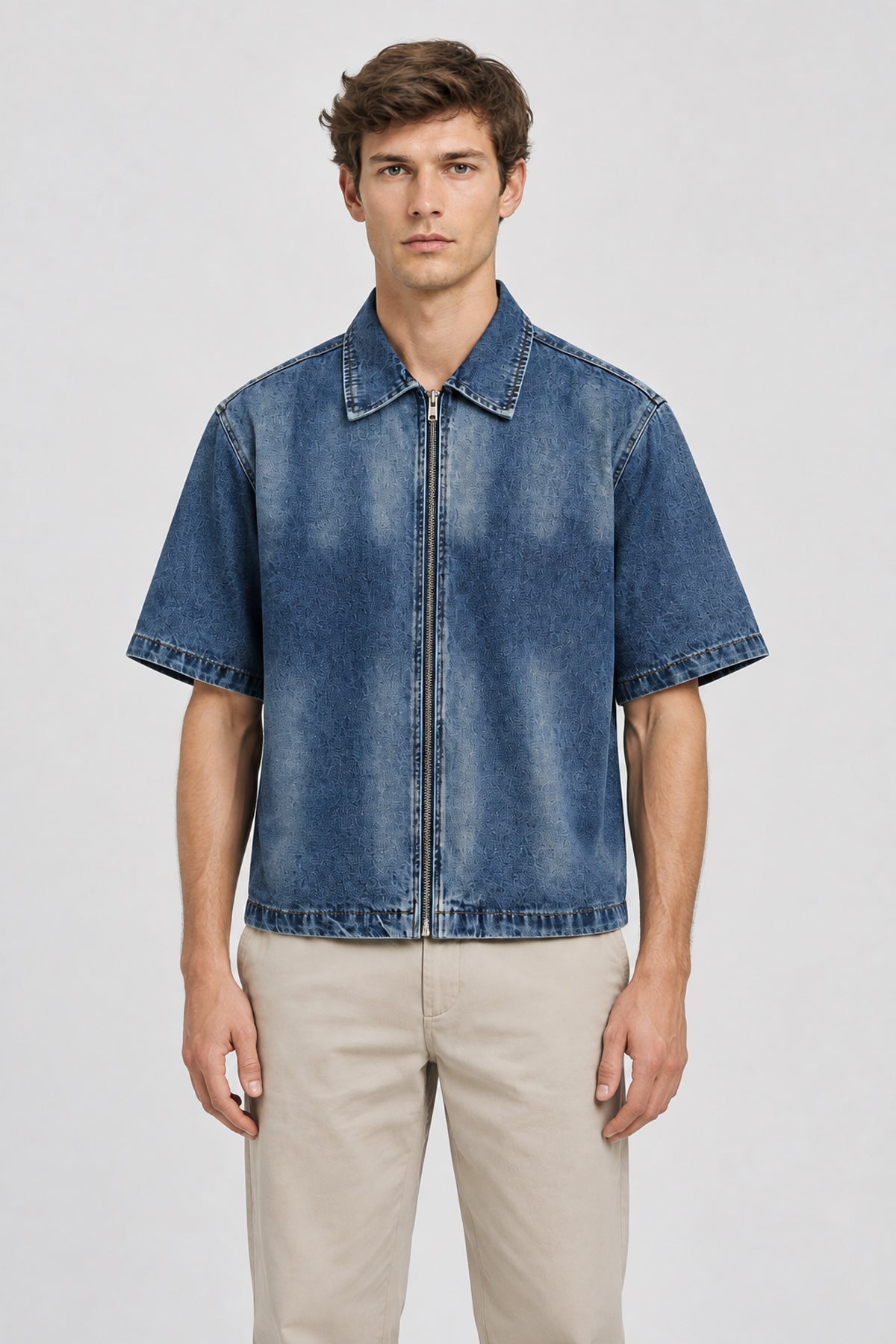 Vintage Washed Full-Zip Denim Shirt - Blue